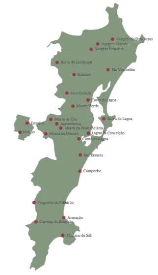 Mapa dos bairros da Ilha de Santa Catarina onde vivem as 29 benzedeiras e benzedores do livro